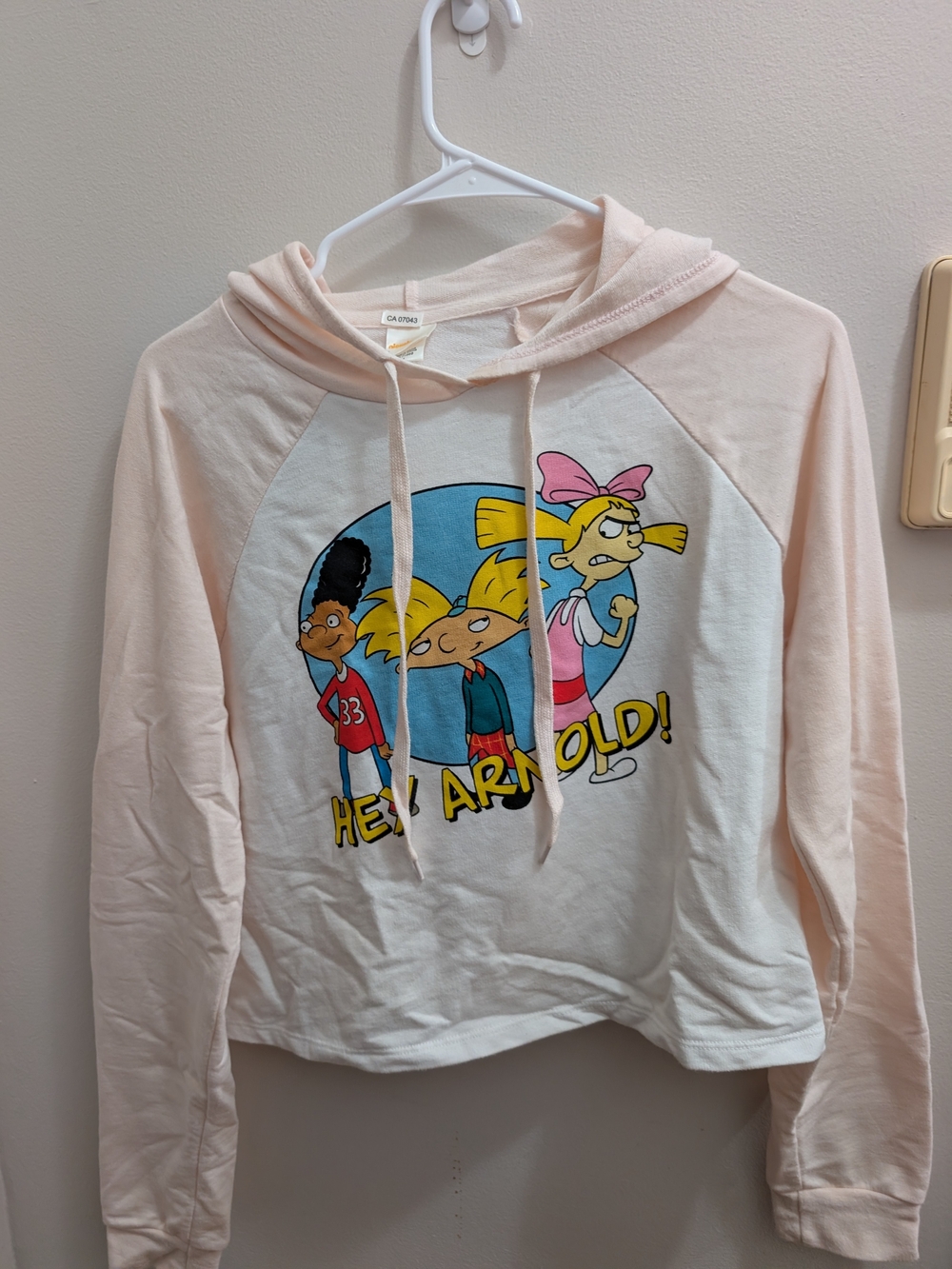 Nickelodeon Hey Arnold! Graphic Cropped Hoodie Pink & White Medium
